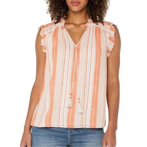 Liverpool Orange and White Striped Blouse with Ruffle Sleeves